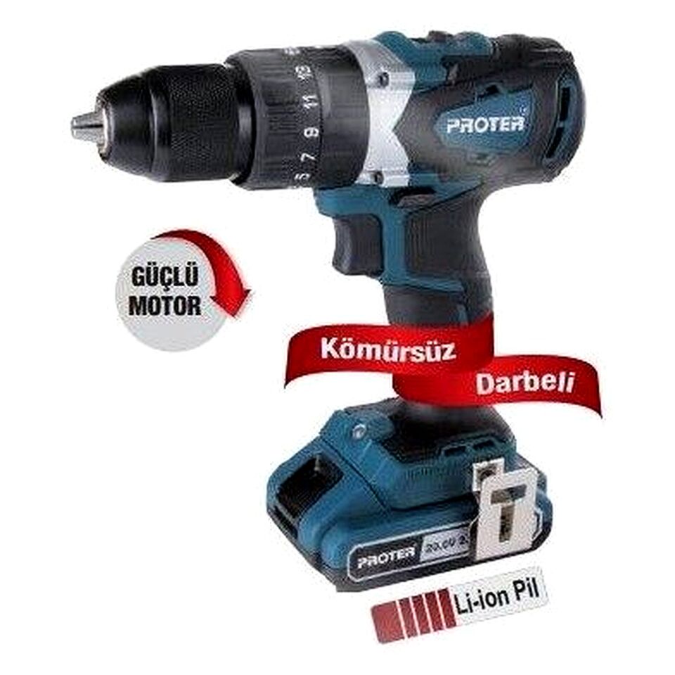 Proter PST 522 BL Akülü Kömürsüz Darbeli Matkap 20 V 2.0 Ah