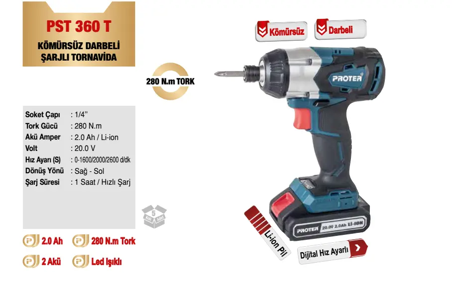 Proter PST360T Kömürsüz Darbeli Şarjlı Tornavida 20 V 2.0 Ah