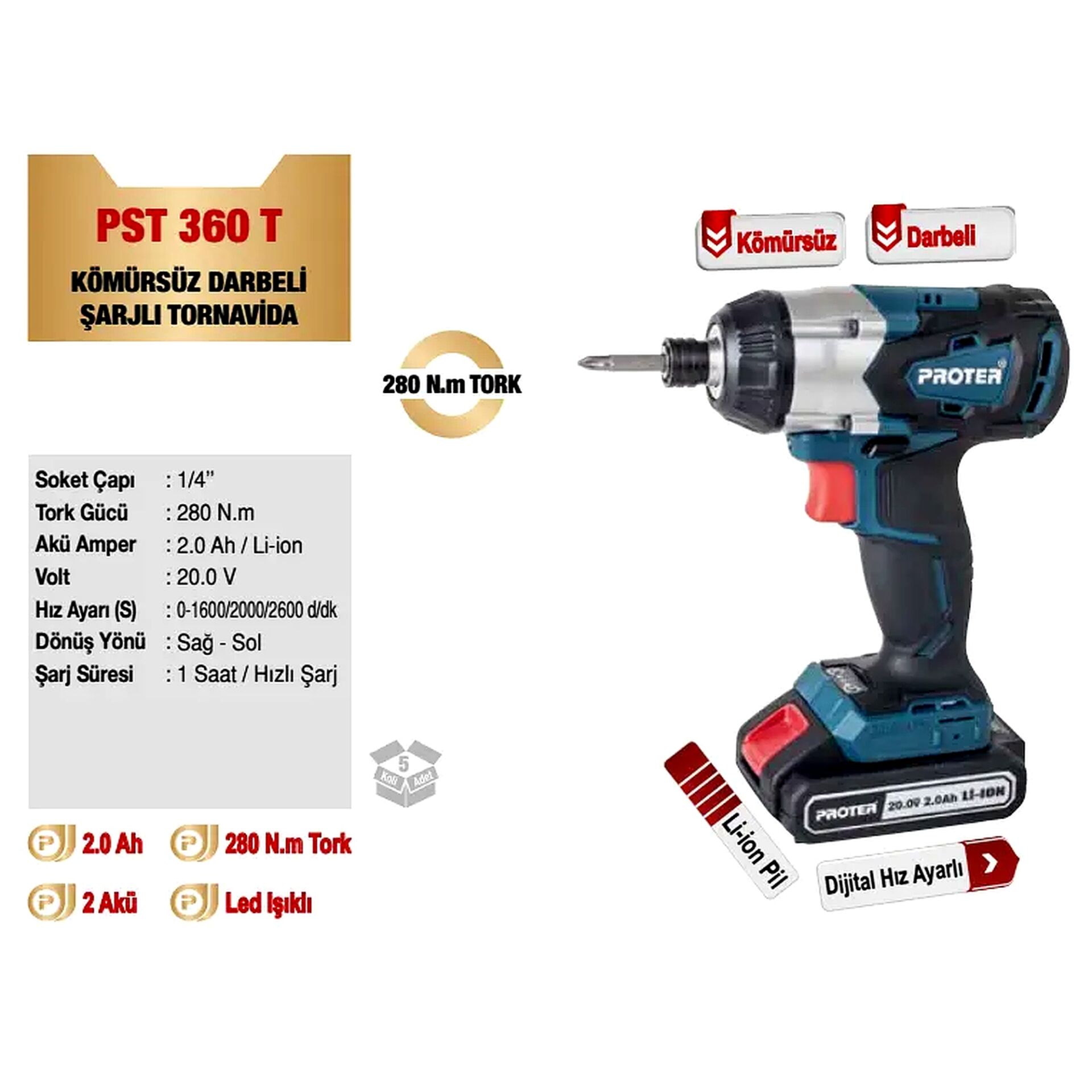 Proter PST360T Kömürsüz Darbeli Şarjlı Tornavida 20 V 2.0 Ah