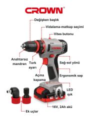 Crown CT21082HQ Akülü Matkap Vidalama 16V 2Ah Çift Akülü