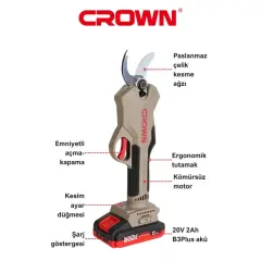 Crown CT29001HX Akülü Dal Budama Makası 20V 2Ah Çift Akülü